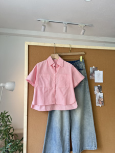 L8151009 Women's Pastel <b>Stripe</b> <b>Crop</b> <b>Top</b> Shirt Short Sleeve Oversized Double Pocket Button Down Loose Fit Casual Korean Fashion - Product Image 6