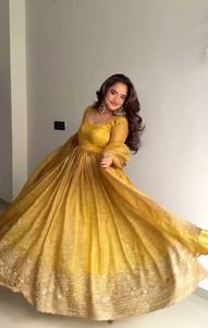 Women's Yellow Silk Gown suit Floor-Length Traditional Wedding Dress Loose Fit Stretchable India Pakistan Style - Product Image 1