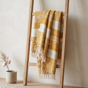 Funda de sofá de algodón slub tejido amarillo mostaza estilo boho, manta de sofá minimalista a cuadros estilo rústico, al por mayor - Product Image 1