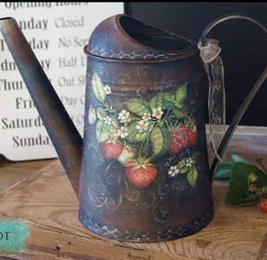 Long spout galvanized water can with detailed enamel flower artwork perfect for houseplants and vintage <b>shelf</b> decor - Product Image 4