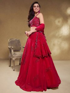 Pink Embroidered Silk Modal Wrinkle-Free Modern Georgette <b>Lehenga</b> Choli Set Dupatta Floral Reception Wedding Outfit for <b>Women</b> - Product Image 2