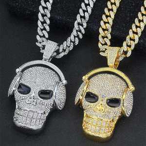 Collar con colgante de calavera con incrustaciones de cristales y diamantes de imitación, estilo Hip Hop, con dije de auriculares, cadena cubana, chapado en oro y plata - Product Image 1