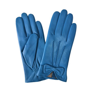 Blue Leather Wrist <b>Gloves</b> With Bow Sweet Style Unlined Winter Casual Daily Use - Product Image 2