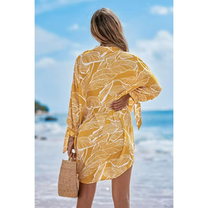 Chemisier long en mousseline de soie à col en V, style tropical, manches à lacets, imprimé floral, chemise hawaïenne boutonnée, idéal pour la plage – Meilleure vente de l'été - Product Image 4