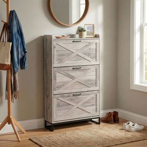 Barn Door Three-Drawer Cabinet with Top Panel Shoe Rack 80*24*145cm Particleboard Washed Gray Finish - Product Image 1