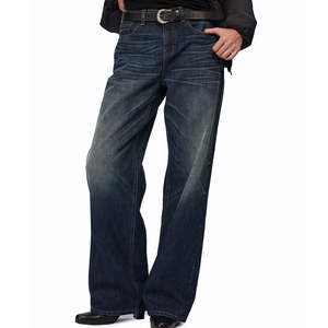 Jeans de Mezclilla Personalizados para Hombre, Cintura Alta, Lavado Medio, 100% Algodón, Corte Casual Regular de Pierna Ancha, Bolsillos, Costuras en Contraste Azules - Product Image 2