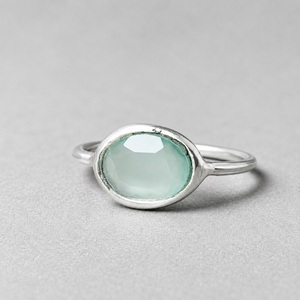 Anillo de Plata de Ley 925 Hecho a Mano con Cabujón de Calcedonia Aqua Natural, Anillo de Declaración para Mujer - Product Image 1