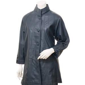 Elegant Women's Genuine <b>Leather</b> <b>Long</b> <b>Jacket</b> Mandarin Collar Three Quarter Sleeve Solid Color Autumn Winter Wear - Product Image 1