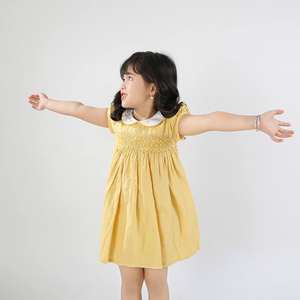 Vestido smock para bebés niñas, tela de algodón amarilla, manga corta, personaliza tu logo, smock hecho a mano, edad de 3 meses a 12 años - Product Image 4