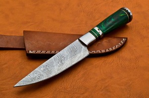 Cuchillo de caza de acero de Damasco con punta de gota, mango de madera verde y diseño de espiga completa - Product Image 6