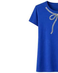 Camiseta de Algodón Azul Personalizada para Mujer con Diseño de Lazo de Diamantes de Imitación, Manga Corta, Cuello Redondo, Top Casual de Moda para Mujer, Venta al por Mayor OEM Personalizada - Product Image 3