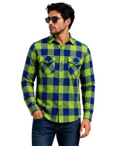 Camisa de Franela a Cuadros Verde Lima y Azul Marino para Hombre, Manga Larga, con Botones, de Algodón, Informal, con Bolsillos en el Pecho, Estilo Urbano - Product Image 1