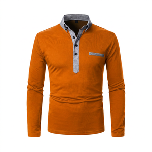 Polo à manches longues en tricot pour homme, couleur unie, design décontracté à boutons, bleu foncé - Product Image 4