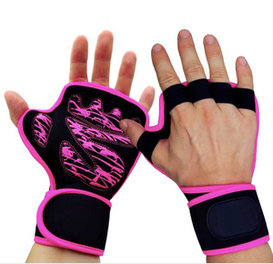 Gants de sport demi-doigts noirs avec bordure rose en néoprène, sangle de poignet réglable, unisexe, pour fitness et musculation - Product Image 1