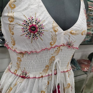 Women Boho Woven Cotton Maxi <b>Dress</b> Sleeveless <b>Elastic</b> Waist A-Line Silhouette Tiered Floral Print Ruffles Tassel Detail - Product Image 2
