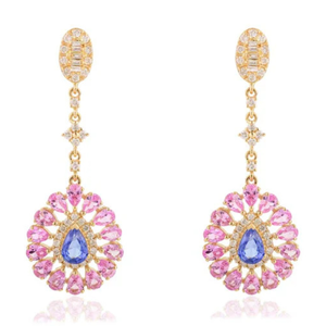 Boucles d'oreilles pendantes florales en or 18 carats avec saphirs roses et bleus et diamants - Product Image 1