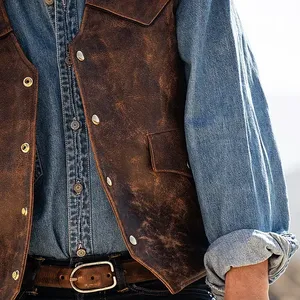 <b>Men</b>’s Fashion Vintage Distressed Brown Leather Biker Vest Western Cowboy Motorcycle Waistcoat Wholesale Manufacturer - Product Image 2