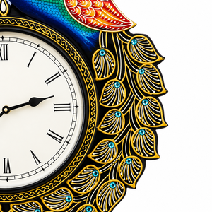 Horloge murale analogique à quartz en bois artisanal avec motif paon |   Décoration indienne Art Déco |   Décoration traditionnelle pour la maison en provenance du Rajasthan - Product Image 2