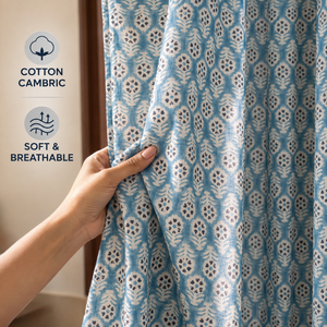 Rideaux en coton imprimé floral bleu |   Rideaux de fenêtre indiens faits à la main |   Rideaux de décoration florale bohème pour salon - Product Image 2