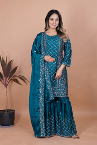 Chinon Silk Sequin <b>Kurti</b> Flowy Sharara Heavy Embroidered Dupatta Stitched Women Three Piece Wedding Salwar Suit Set - Product Image 2