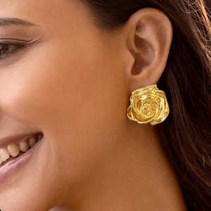 Pendientes de aro antideslustre de rosa dorada PRAO, joyería de oreja de rosa dorada a la moda - Product Image 1