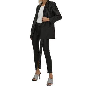 Blazer en cuir PU noir grande taille pour femme, veste à revers à manches longues coupe régulière coupe-vent pour printemps, automne, hiver - Product Image 3