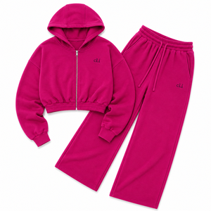 Chic Magenta Cropped Zip Up Hoodies Tracksuit <b>Women</b> Heavy GSM Cotton <b>Fleece</b> Loose Fit Wide Leg <b>Joggers</b> Streetwear Loungewear ODM - Product Image 2