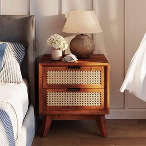 Solid Sheesham Wood Bedside <b>Table</b> Fully Assembled-Mid Century Modern Wooden Nightstand <b>Side</b> End <b>Table</b> with 2 <b>Drawers</b> - Product Image 1