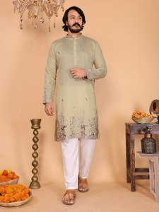 Ensemble Kurta Pyjama en Lin et Coton Durable avec Broderie et Sequins, Tenue Ethnique pour Hommes, Idéal pour Mariages, Festivals et Soirées - Product Image 3