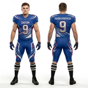 Uniforme de Fútbol Americano Personalizado Azul y Blanco, Jersey y Pantalones de Poliéster Sublimado con Rayas Geométricas - Product Image 1