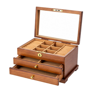 Caja de joyería de madera vintage al por mayor de fábrica con tapa de cristal, logotipo personalizado, organizador de joyas de madera de 9 compartimentos para anillos y collares - Product Image 5