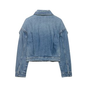 Womens <b>Cropped</b> <b>Denim</b> <b>Jacket</b> Shoulder Epaulet Drop Shoulder Vintage Wash Distressed Collar Boxy Jean <b>Jacket</b> Streetwear Wholesale - Product Image 4