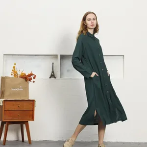 Luxury Green Cotton Linen Midi <b>Dress</b> With Full Sleeve Turn-down Collar <b>Loose</b> Fit boho Style Summer Casual Daily Wear - Product Image 4