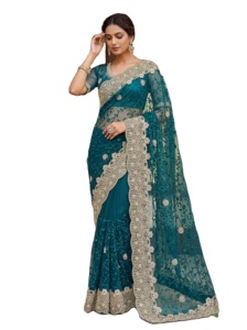 Party Wear Embroidery Net <b>Saree</b> <b>Blouse</b> Women's Traditional Indian Designer Embroidery Work with Pearls Diamonds Work - Product Image 2