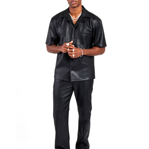 <b>Men</b>’s Black Leather Look Short Sleeve Streetwear Fashion Button Up Summer Outfit - Product Image 4