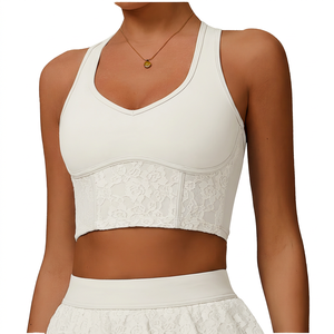 Women's V-Neck <b>Racerback</b> Sports <b>Bra</b> With Lace Detail Medium Support Breathable Yoga Athletic Top Light Blue - Product Image 3