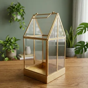 Portavelas de Vidrio en Forma de Cabaña Dorada, Decoración para el Hogar, DISEÑO ARTESANAL, Modelo B38 Hecho a Mano - Product Image 4