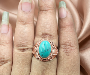 Bague de fiançailles ovale en argent sterling 925 avec turquoise naturelle Holo, faite à la main, style vintage bohème, artisanale, pierre précieuse, or jaune - Product Image 6