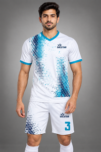 Ensemble maillot et short de football en polyester pour homme, blanc et bleu dégradé, sublimé, col en V, manches courtes, respirant, coupe athlétique, uniforme adulte - Product Image 3