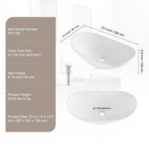 Lavabo Ovale in Ceramica Bianca da Bagno 59,2 cm x 36,1 cm, Lavabo a Vaso da Appoggio Ovale 36,1 cm x 36,1 cm, Lavabo da Bagno 59,2 cm - Product Image 5