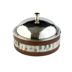 Premium Stainless Steel Hammered Finish Casserole Dish with Wooden Base and Lid Insulated Food Warmer <b>Buffet</b> <b>Server</b> Chafing Dish - Product Image 3