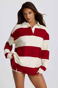 Camisa Retro de los 90 con Rayas Personalizadas Rojo-Blanco, Cuello Polo Extra Grande, Manga Larga, Estilo Casual y Moderno - Product Image 2