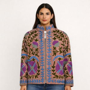 RAJASTHANI TEXTILE Autumn Winter Coats Dusty Rose Velvet Blouson <b>Jacket</b> Customizable Embroidery Floral Pattern <b>Mandarin</b> <b>Collar</b> - Product Image 1