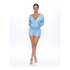 Ensemble de survêtement 2 pièces pour femme en velours, avec short et veste à capuche zippée à manches courtes, 100 % coton, style décontracté - Product Image 2