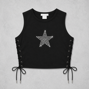 Débardeur court personnalisé OEM Streetwear avec strass et motifs graphiques pour femme, coupe ajustée, avec lacets latéraux, style Y2K, col rond, pour l'été - Product Image 4