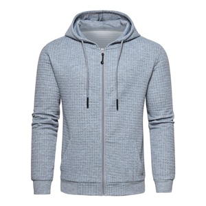 Sweat-shirt zippé à capuche pour homme en maille gaufrée, manches classiques, couleur unie, coupe décontractée ample, idéal pour l'hiver, avec poches et broderies - Product Image 5