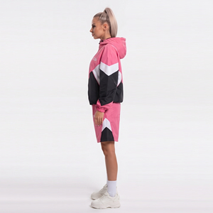 Ensemble de survêtement pour femmes, rose, noir, blanc, couleur contrastée, à capuche, fermeture éclair, coupe-vent, short, léger, sportif, décontracté, deux pièces - Product Image 3