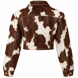 Women's Brown White Cow Print Genuine Leather <b>Trucker</b> <b>Jacket</b> Full Sleeve Lace Up Turn Down Collar Short Fit Autumn Style - Product Image 3