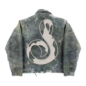 Vintage Distressed <b>Denim</b> Jacket Embroidered Patchwork Oversized Zip Up Y2K Streetwear Winter Jean <b>Coat</b> for Men - Product Image 2