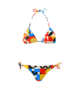 Conjunto de bikini con estampado geométrico para mujer, cuello halter, parte inferior con lazo lateral, tela elástica, traje de baño de 2 piezas - Product Image 1